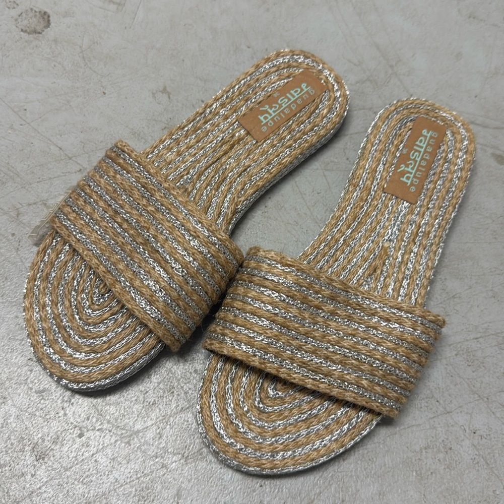 Brand New Flats - Silver Embroidered Tan Rattan Flats - Brand New - Size 8
